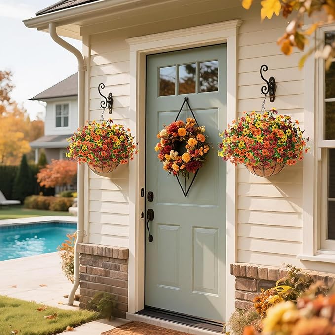 Artificial Flowers Hanging Basket Plants, Fake Mums Fall Decorations for Outdoor, Faux Silk Flower UV Resistant Autumn Decor for Outside Garden Patio Front Porch Balcony Window (Orange Brown Yellow)