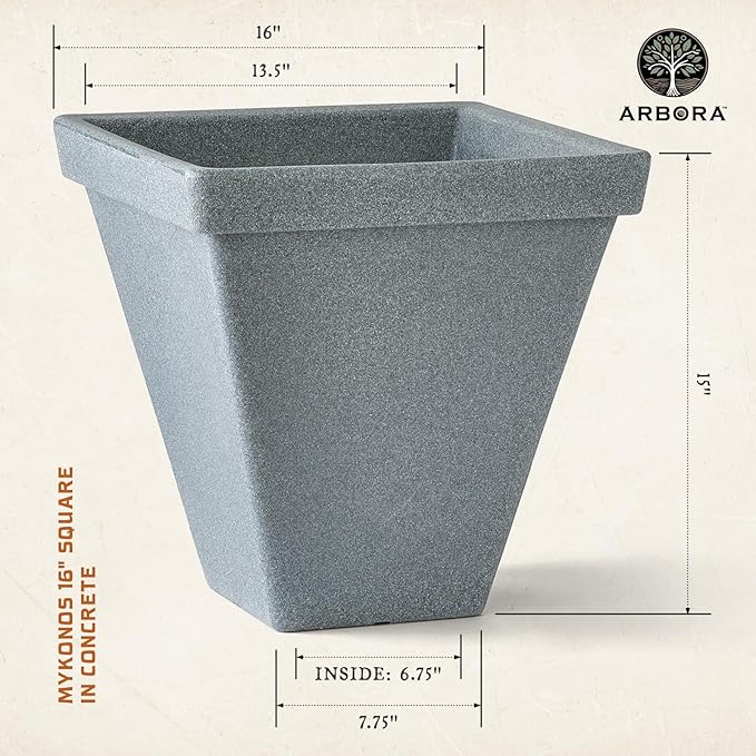 ARBORA 16" Mykonos Square Polyresin Indoor and Outdoor Planter with Stone Blend Concrete Finish - Durable, Weatherproof, Lightweight, Large Plant Pot for Patio, Garden, Deck, Entryway