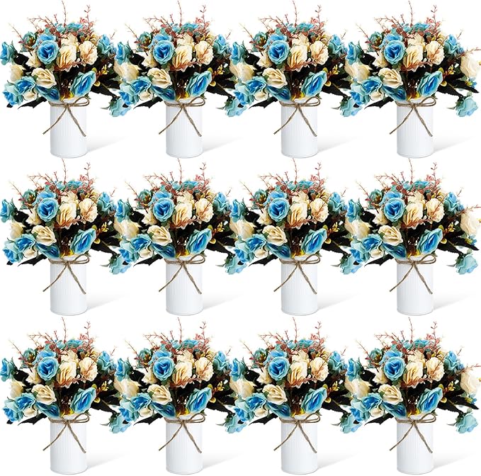 Domensi 12 Sets Wedding Centerpiece for Table Artificial Rose with Vase Fake Bouquets and Metal Pot Floral Arrangements for Holiday Party Event Table Decor (Teal)