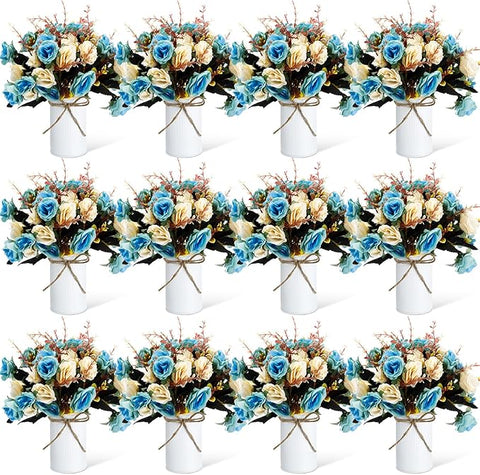 Domensi 12 Sets Wedding Centerpiece for Table Artificial Rose with Vase Fake Bouquets and Metal Pot Floral Arrangements for Holiday Party Event Table Decor (Teal)