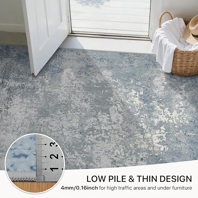 GENIMO 8x10 Washable Area Rugs for Living Room Bedroom, Modern Abstract Low Pile Soft Non Slip Rug, Contemporary Indoor Floor Carpet Cover for Dining Room Kitchen, Haze Blue