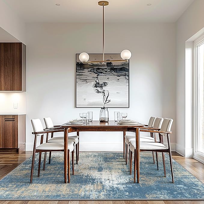 GENIMO Washable Area Rugs for Living Room Bedroom, 8x10 Modern Abstract Non Slip Rug, Low Pile Soft Contemporary Indoor Floor Carpet Cover for Dining Room Kitchen, Mist Blue