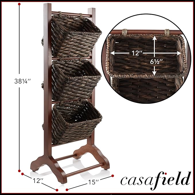 Casafield 3-Tier Floor Stand with Water Hyacinth Storage Baskets, Walnut/Espresso - Standing Organizer Rack for Bathroom, Kitchen, Laundry, Living Room