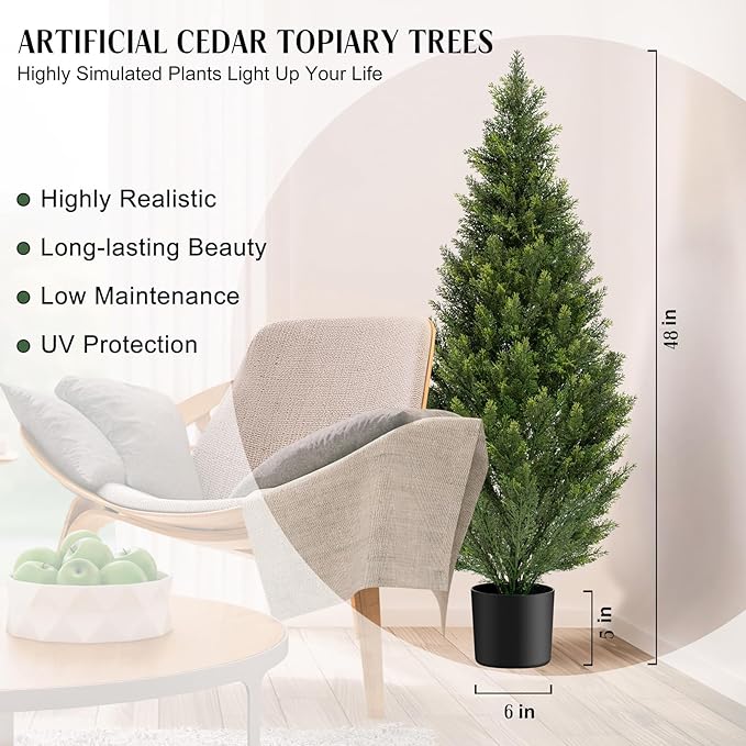 Two 4FT Artificial Topiary Cedar Trees Tall, Outdoors UV Protection Fake Cypress Tree, Realistic 48IN Pine Potted Plants for Patio, Home Porch, Doorway Decor