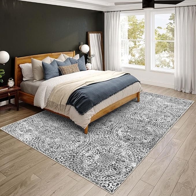 vivorug 5x7 Area Rugs - Ultra-Thin Washable Rug with Non-Slip Backing, Ideal for Living Room, Bedroom, Kitchen Floor Carpet - Vintage Medallion, Easy Clean, Durable, Grey
