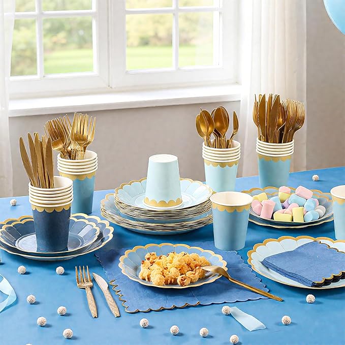 169 Pcs Dusty Blue Plates and Napkins Party Supplies for Guests Blue Tableware Include Scalloped Plates Paper Napkin Cup Spoon Fork Knife for Baby Shower, Wedding, Birthday
