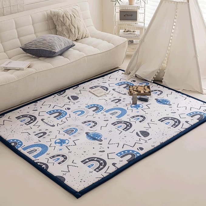 Loartee Rainbow Kids Play Mat - 1" Thick Baby Nursery Rug, Soft Crawling for Toddlers, Coral Velvet Memory Foam Tummy Time, Blue, 59"x78"