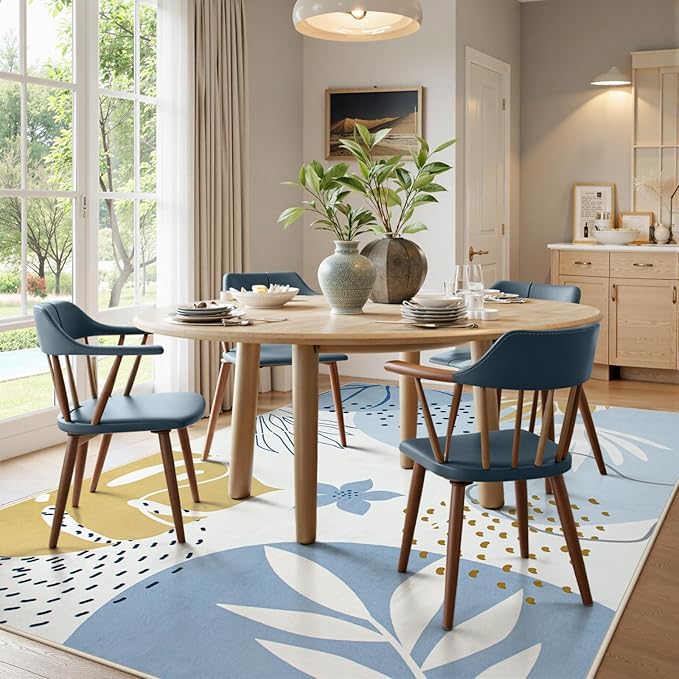 Lahome 9x12 Rugs for Living Room, Washable Non-Slip Ultra-Thin Larege Area Rug for Dining Room Table, Boho Botanical Print Indoor Soft Carpet for Bedroom Office, Blue