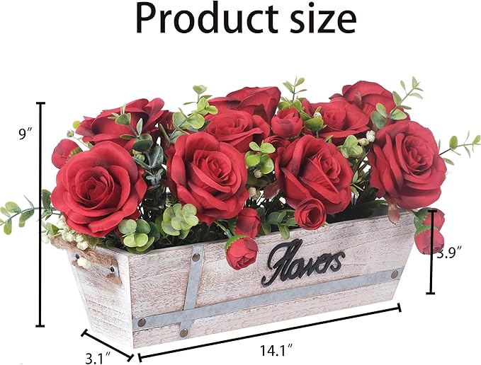 Centerpiece Table Decorations Rustic Wood Tray with 3 Artificial Red Rose Flowers and Fake Eucalyptus for Dining Room Farmhouse Living Room Kitchen and Coffee Table Décor