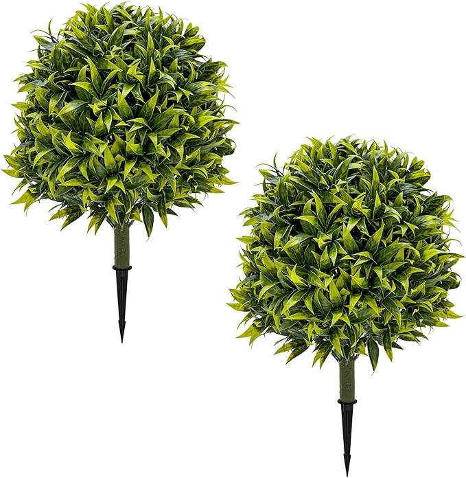 Fake Shrubs Outdoors UV Resistant Faux Plants Topiary Trees Set of 2-27.5'' Artificial Bushes Boxwood Balls Greenery with Ground Spikes for Front Porch, Fake Evergreen Plants Outdoor Decor
