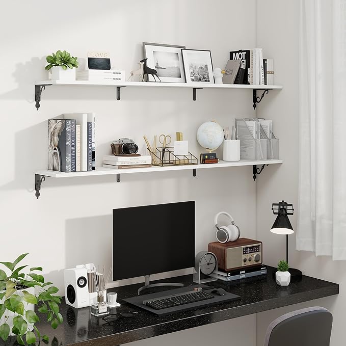 Fun Memories 55 Inch Floating Shelves, Long Floating Shelves Wall-Mounted, 8 Inch Deep Bookshelf with Bracket, 55" W x 8" D Shelves for Wall Display & Storage, White, Set of 2