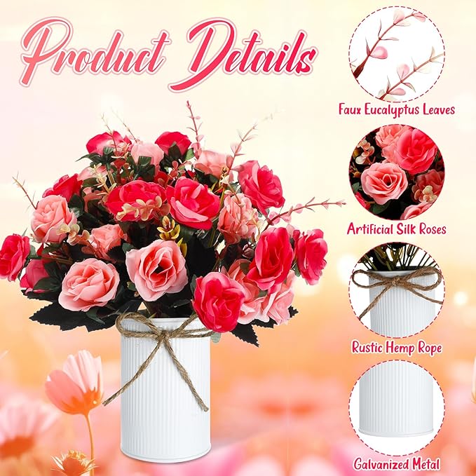 Domensi 6 Sets Wedding Centerpiece for Table Artificial Rose with Vase Fake Bouquets and Metal Pot Floral Arrangements for Holiday Party Event Table Decor (Rose Red)