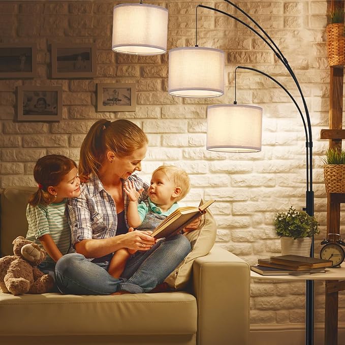 DLLT Modern Floor Lamp for Room: 3-Light Black Tree Dimmable Floor Lamps with Gray Shades for Living Room - Arc Standing Lamp for Bedroom - Tall Floor Lamp for Office Corner 3 LED Bulbs Included