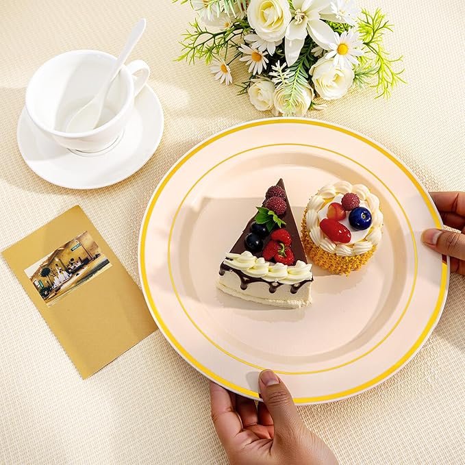I00000 200 Pcs Gold and Ivory Plastic Plates, Ivory Disposable Party Plates Include 100 Dinner Plate 10’’ and 100 Plastic Dessert Plate 7’’ Perfect for Birthday, Party & Wedding