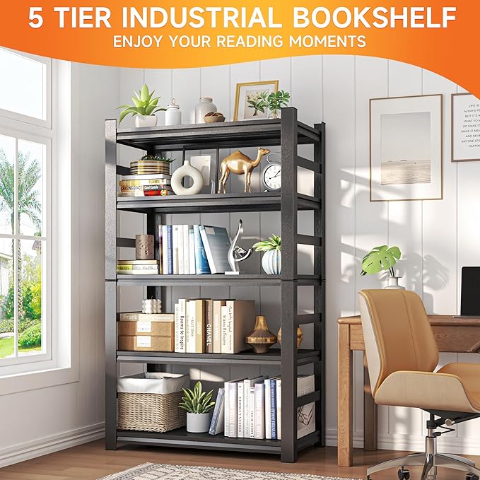 5 Tier Book Shelf, Metal Adjustable Bookcase, Modern Tall Bookshelf for CDs Movies Books, Industrial Book shelves Storage Shelving for Bedroom Home Office Kitchen Living Room, 15.7"D x 31.5"W x 63"H