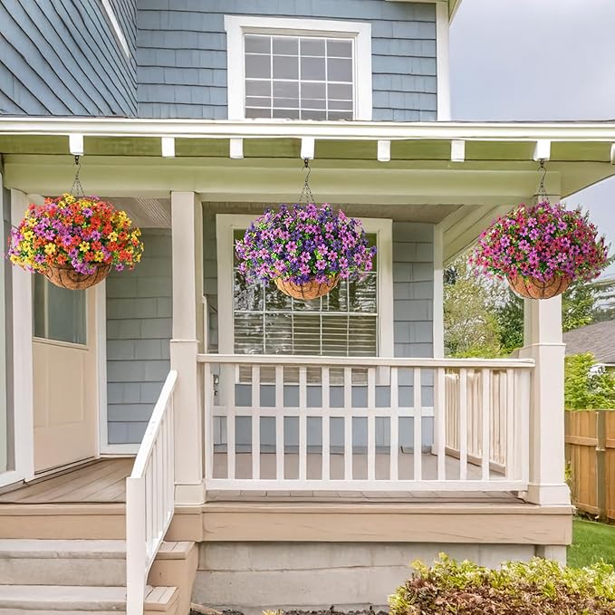 INQCMY Artificial Faux Hanging Flowers Plants Basket for Outdoor Spring Decoration,Fake Silk Colorful Daisy in Planter UV Resistant Realistic for Outside Home Porch Patio Yard Balcony Decor