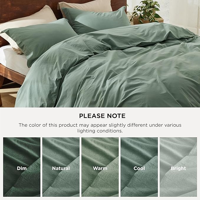 Bedsure 100% Washed Cotton Duvet Cover Queen Size - Green Minimalist Cotton Duvet Cover Linen Like for All Seasons - GentleSoft™ Plain Simple Bedding, 3 Pieces (Green, Queen, 90"x90")