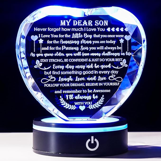 YWHL Meaningful Gifts for Son with Colorful LED Base Birthday Gifts for Son Adult from Mom Dad Crystal Heart Inspirational to My Son Graduation Gift