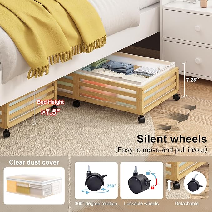 Under Bed Storage with Wheels-Large Bamboo Underbed storage Containers with Large Dust Bag Stackable Under the Bed Shoe Storage Bins for Clothes Books Bedding (2 Packs Nature, 33.07"L×16.54"W× 6.5"H)