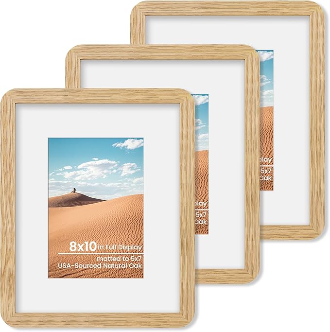 Dreamland 8x10 Round Corner Picture Frame, Solid Oak Photo Frame With Mat For 5x7, Plexiglass Framing Includes Hanging Hardware For Vertical Or Horizontal Wall Frame, Natural Oak, 3 Pack