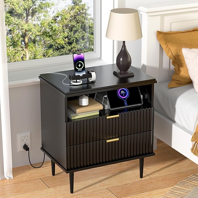 Modern Nightstand with Charging Station, 2 Drawers Fluted Wood Bedside Table with USB, Type-C & Outlets, Metal Legs, Storage Dresser for Bedroom or Living Room (Ink Black, 23.3")