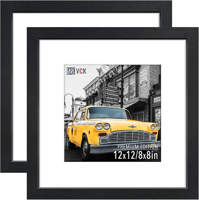VCK 12x12 Picture Frame Set of 2 - Black, Textured Modern Square Wooden Frames with HD Glass, Display Photo 8x8 with Mat or 12x12 Without Mat, Wall Hanging