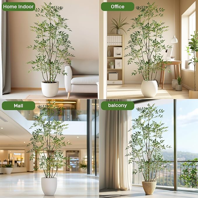 7.2ft Faux Bamboo Tree Artificial Nandina Tree Artificial Indoor Plants Realistic Fake Potted Tree with 800+ Leaves, Cement Planter - Home Office Decor Perfect for Housewarming Gift Non-Toxic
