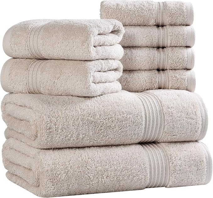 Superior Egyptian Cotton 8-Piece Towel Set, Assorted Towels for Home Bathroom, Master, Guest Bath, Decor Essentials, Includes 2 Bath, 2 Hand, 4 Face Towels/Washcloths, Quick Dry, Absorbent, Stone