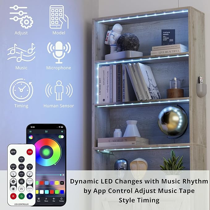 IRONCK Tall Bookcase with LED Lights, 70 in Industrial Bookshelf Display Shelf Floor Standing for Home Office, Living Room, Bed Room