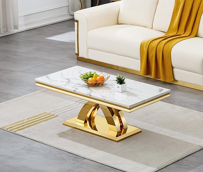 SSLine Rectangular Faux Marble Coffee Table for Living Room Modern Luxury White Marble Center Table with Gold Pedestal Base 46.8" Mid-Century Cocktail Table with Mirrored Stainless Steel Frame