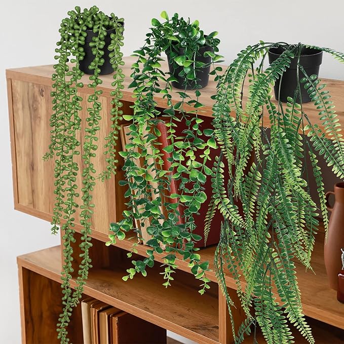 Jexine 16 Pcs Artificial Hanging Plants with Pot Fake Potted Plants Greenery Plastic Faux Eucalyptus Vine Wall Decor for Home Room Office Indoor Outdoor Shelf Patio Garden Decor