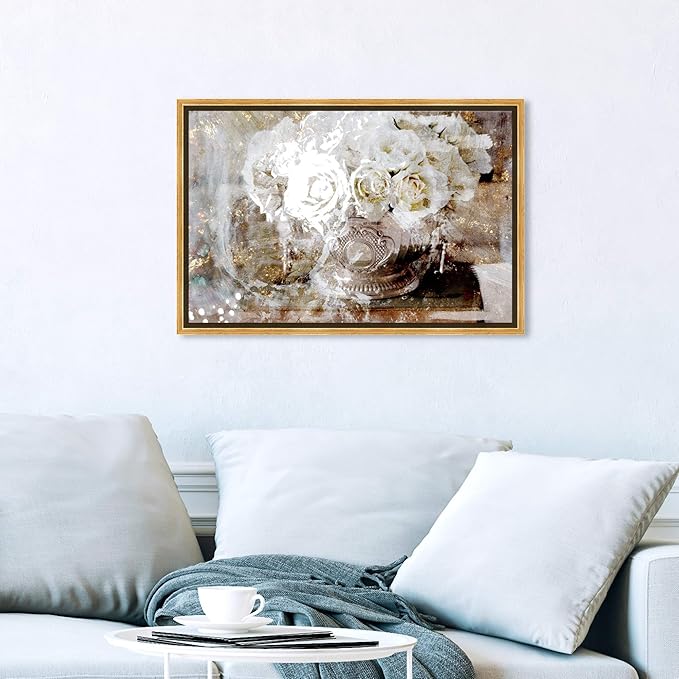 The Oliver Gal Artist Co. Floral and Botanical Framed Wall Art Canvas Prints 'Serving Roses' Florals, White, Gold, 24" x 16"