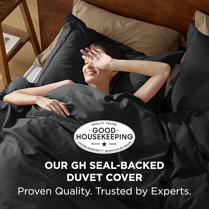 Bedsure 100% Washed Cotton Duvet Cover King Size - Black Minimalist Cotton Duvet Cover Linen Like for All Seasons - GentleSoft™ Plain Simple Bedding, 3 Pieces (Black, King, 104"x90")