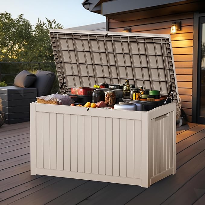 ROJIK Outdoor Storage Housing Deck Box,Waterproof Patio Furniture, Garden Tools,Cushions,Pool Accessories Storage Bench with Lockable Lid and Side Handles (Grey,230 Gal)