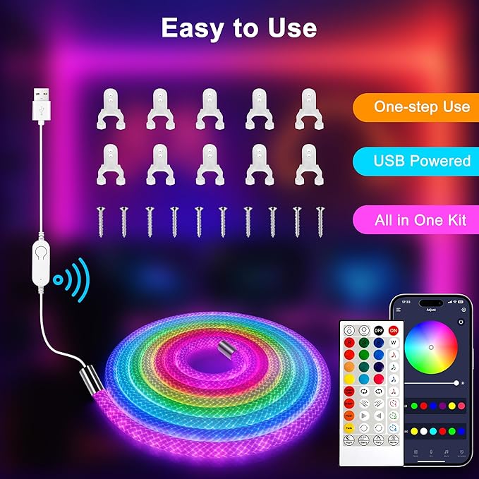 maylit 360 Degree Luminous Reticulate Weave Rope Lights, 16.4ft Addressable ICRGB LED Strip Lights, Music Sync, DIY Design, USB Powered Flexible LED Lights for Gaming Room Living Bedroom Wall Decor