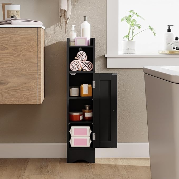 Tangkula Small Bathroom Storage Cabinet with Door, Toilet Paper Holder Stand with Adjustable Shelves & Open Compartment for Small Spaces, Narrow Freestanding Storage, 7 x 7.5 x 31.5 Inches (Black)