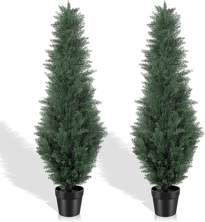 4FT Artificial Cedar Tree - Realistic Faux Cedar Trees for Outdoor Planters - Fake Cypress Trees for Front Porch - Faux Evergreen Plants for Home Porch Decor - Set of 2