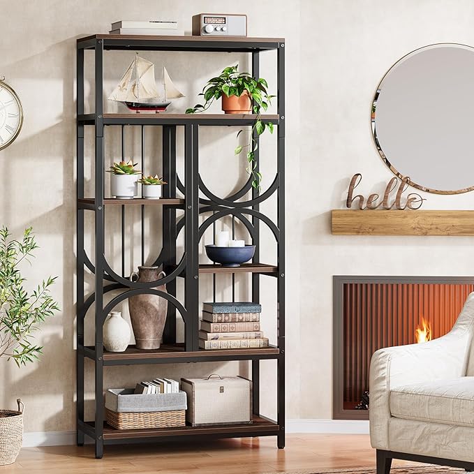 Tribesigns Bookshelf, 5-Tier Industrial Etagere Bookcase, 70.86-Inch Tall Bookshelves with 6 Open Storage Shelf, Display Shelf Storage Organizer for Living Room Home Office, Rustic Brown