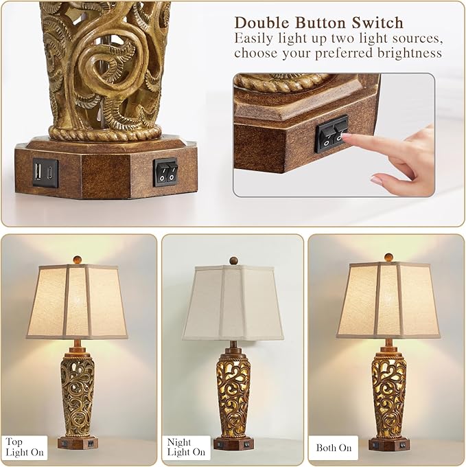 27" Set of 2 Farmhouse Table Lamps for Living Room Bedroom, Rustic Bedside Lamp with USB A+C Ports, Red Brown Resin Vintage Nightstand Lamps with Night Light, 2 Bulbs Include