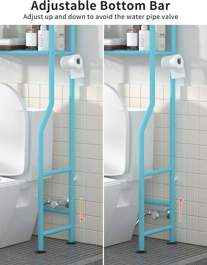 3-Tier Over The Toilet Storage, Freestanding Metal Bathroom Shelves with 4 Hooks, Over Toilet Storage Shelf with Paper Holder, Above The Toilet Shelf for Bathroom Storage, Blue