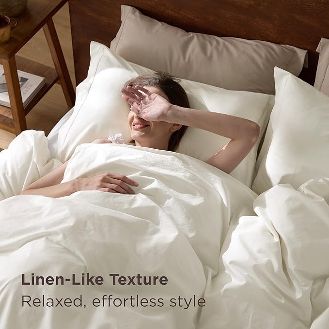 Bedsure 100% Washed Cotton Duvet Cover King Size - Wax Paper Minimalist Duvet Cover Linen Like for All Seasons- GentleSoft™ Plain Simple Cotton Bedding, 3 Pieces (Wax Paper, King, 104"x90")