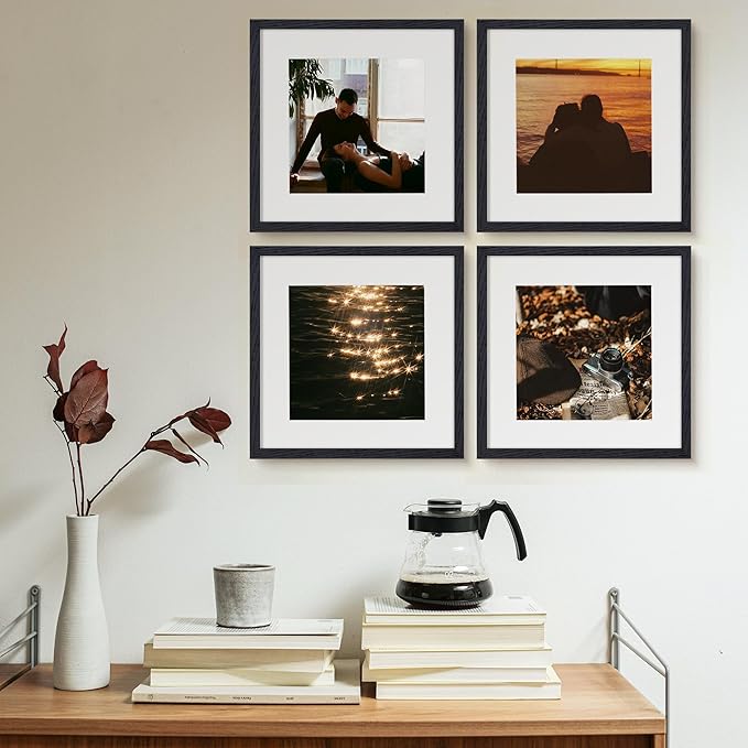 12x12 Picture Frames Set of 4, Black Wood Picture Frame 12 x 12, Oak Wood 12 by 12 Frames with Real Glass, Square 12 x 12 Photo Frames for Wall, 12x12 Frame with Mat for 8x8, Wall Gallery Frame Set