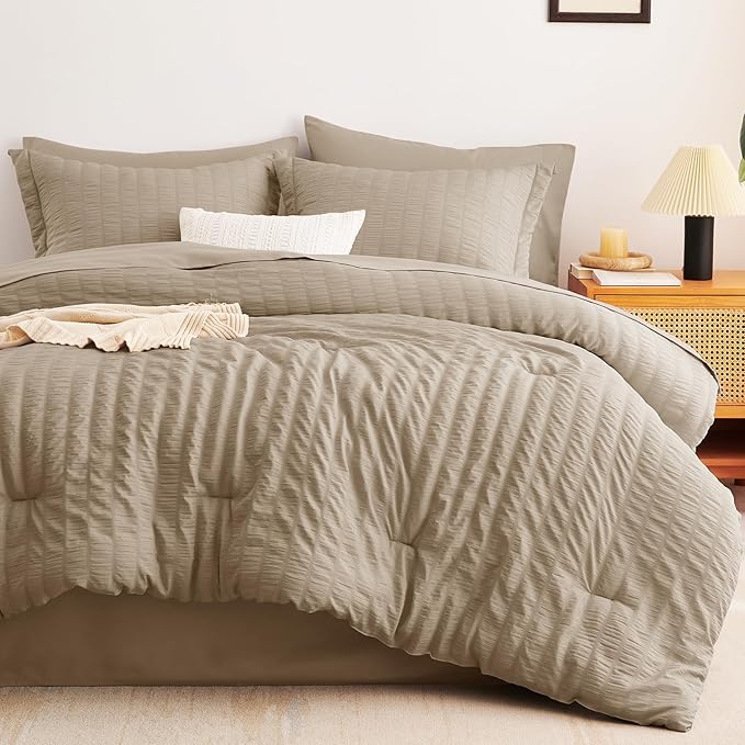 CozyLux Full Size Comforter Sets with Sheets Seersucker 7 Pieces Taupe Bed in a Bag Textured Luxury Soft Bedding Set with Down Alternative Comforter, Sheets, Pillowcases & Shams for All Seasons