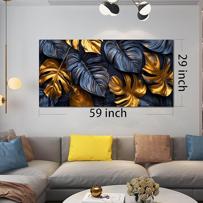 Leaves Pictures for Living Room Wall Decoration - Black and Gold Canvas Wall Art Bedroom - Modern Wall Art for Dining Room Size 29" x 59"