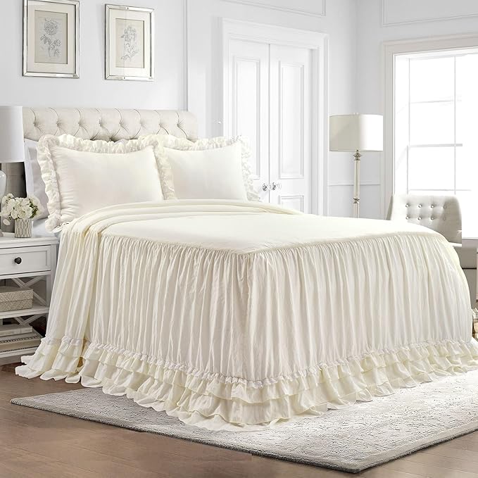 Lush Decor Ella Vintage Chic Ruffle Lace Bedspread Light Gray Farmhouse Style Lightweight 3 Piece Set King