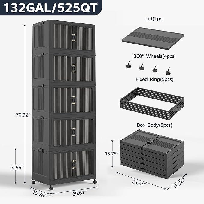 JONZEN 525Qt Stackable Storage Bins with Lid, 132 Gal Closet Organizer and Storage Drawer, Collapsible Storage Boxes with Wheels, Plastic Clothes Cabinet Containers, 5Pack Black