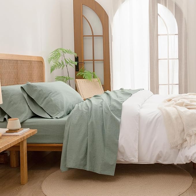 BESTOUCH Sheet Set 100% Washed Cotton Linen Feel Super Soft Comfortable Chic Lightweight 3 Pcs Home Bedding Set Solid Green Twin