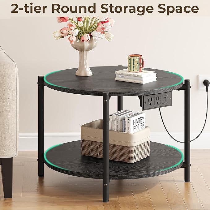 LIKIMIO Round End Table with Charging Station, 23.6" W Wooden Side Table with 2-Tier Storage, Modern Nightstand for Small Spaces, Living Room, Bedroom, Black