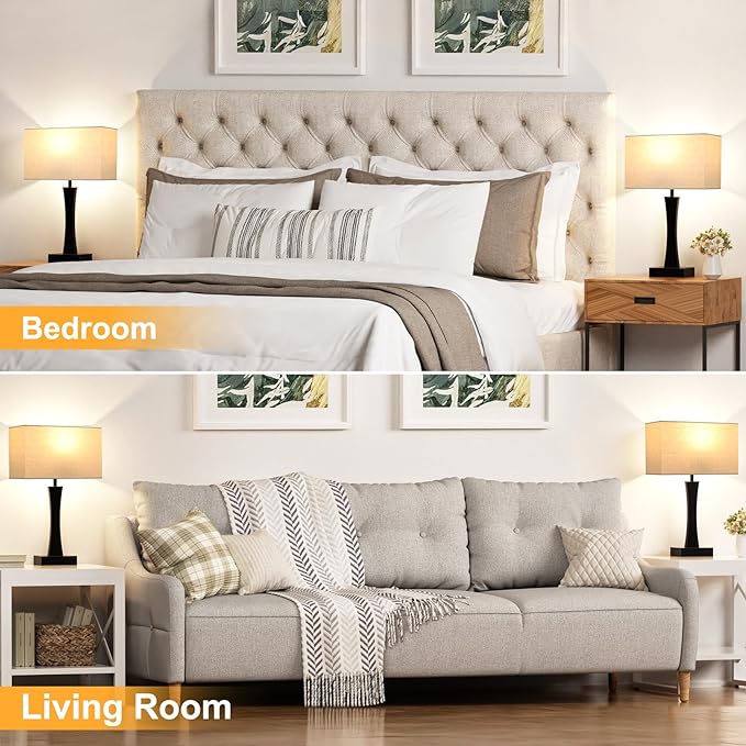 Bedside Lamps for Night Stands - 3 Way Dimmable Table Lamp for Bedroom with USB C+A Ports,Modern Bedside Lamps Set of 2, Touch Lamps for Nightstands(Beige)