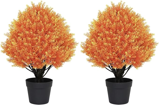 24" Faux Cedar Trees for Outdoor Planters, Set of 2 Artificial Topiary Ball Plants UV Resistant, Fake Bushes & Shrubs for Front Porch, Patio, Fall Decor